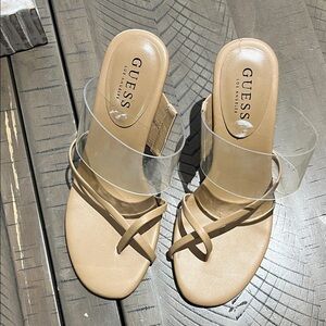GUESS Tan Clear-Strap Crossover Slide Sandals